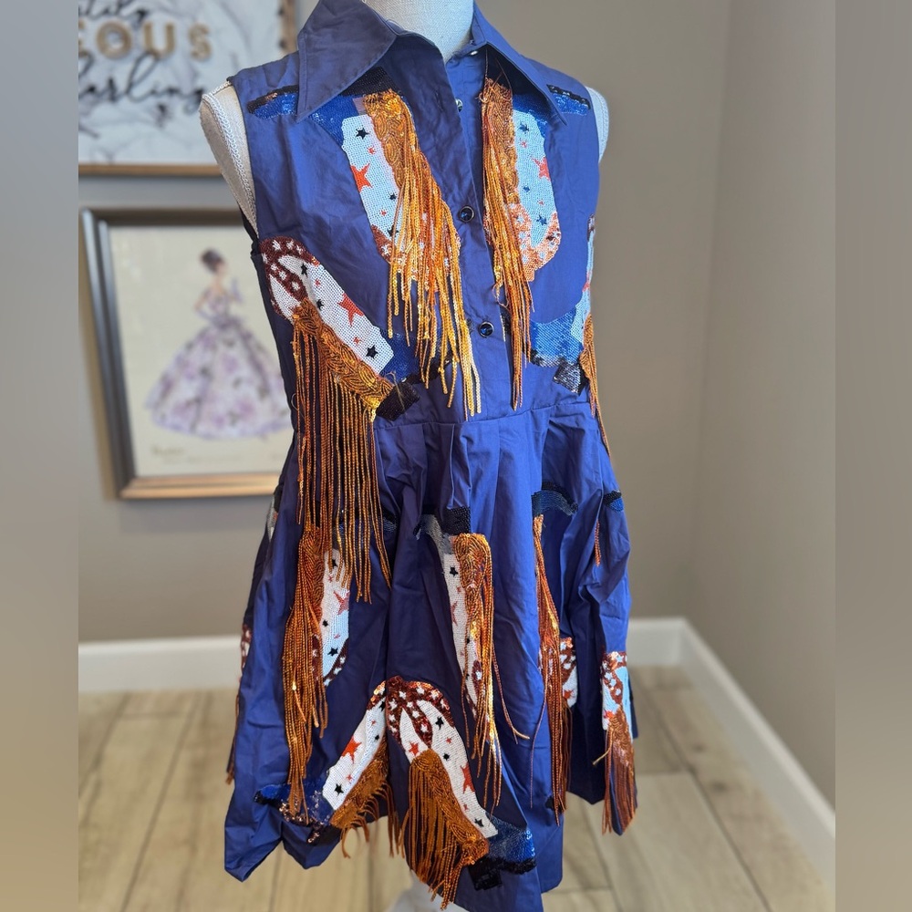 New! QUEEN OF SPARKLES Blue and Orange Boot Fringe Mini Dress - Picture 3 of 10